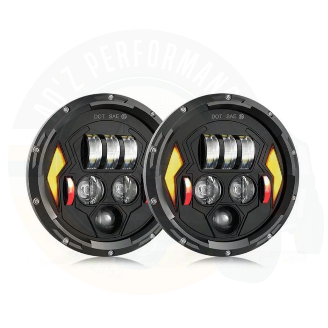 7 Inch Round LED Jeep Headlights with DRL Hi Low Beam Built-in Indicator Thunder Style 2pcs