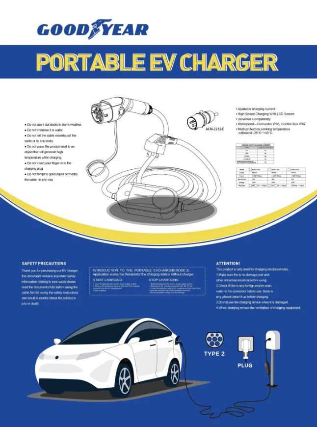 Goodyear EV Charger EV Portable Charger Mode 2 3.7KW EV Charging Station for Electric Car With 5M Cable Lahore Pakistan
