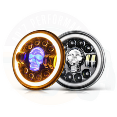 7 Inch Round LED Jeep Headlights with DRL Hi Low Beam Built-in Indicator Skull Style 2pcs