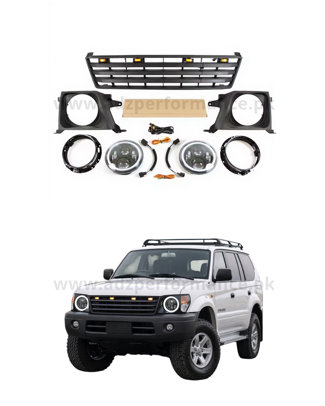 Front Facelift For Toyota Prado FJ90 J90 Grill with Light Round Headlights Kit